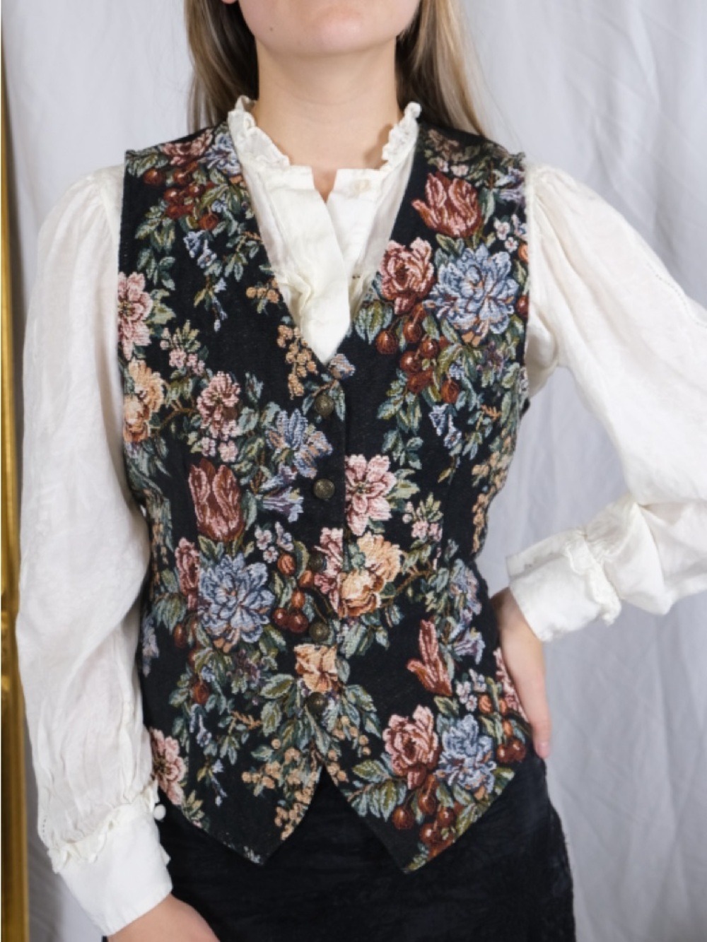 White Stag Floral Tapestry Vest in Black Multicolor